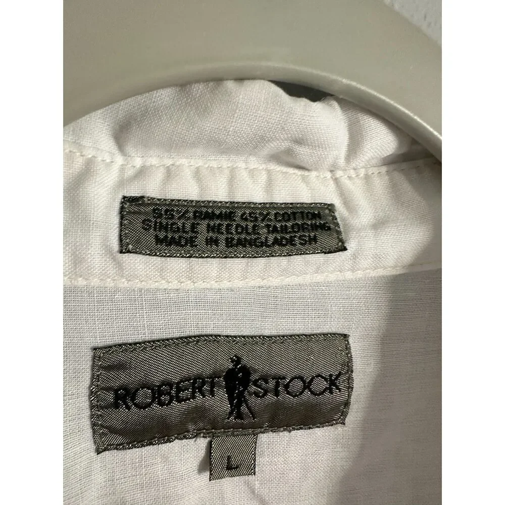 Robert Stock Men's L White Ramie Cotton Button Up Shirt Short Sleeve Beach - Picture 4 of 8